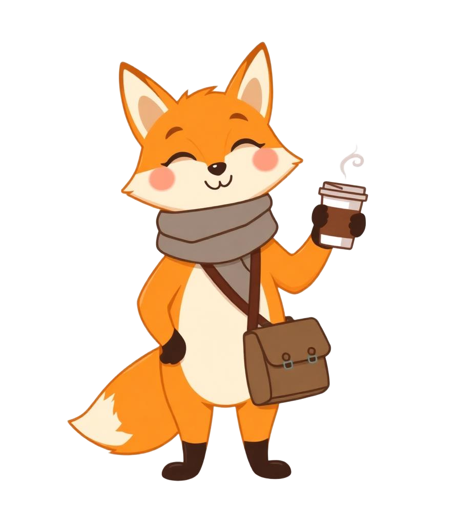Friendly fox mascot holding a coffee, ready for a chat